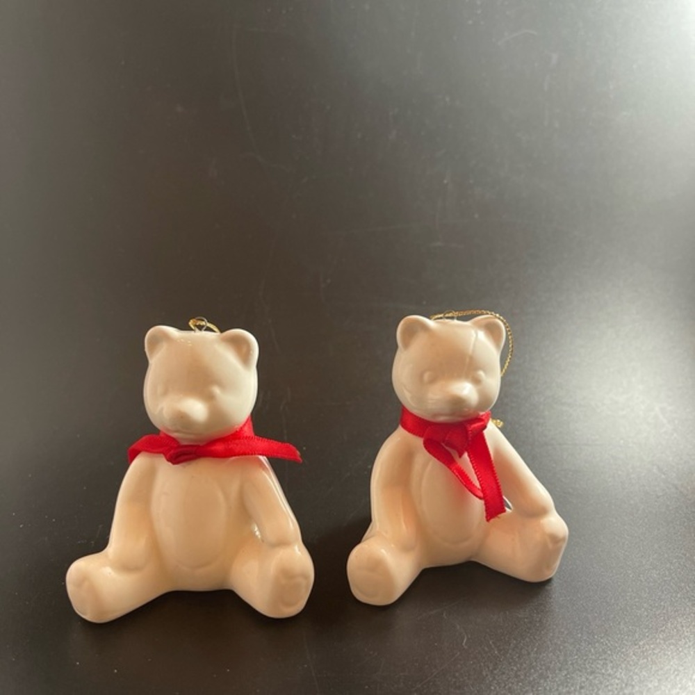 Christmas White ceramic Teddy Bear with red ribbon Ornament set of 2 Vintage